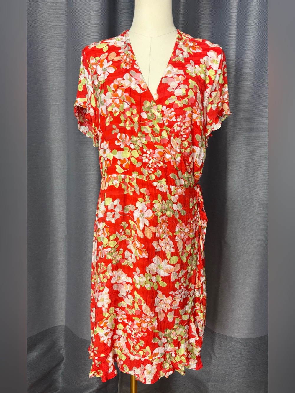 J. Jill Red Floral Midi Ruffle Wrap Dress
